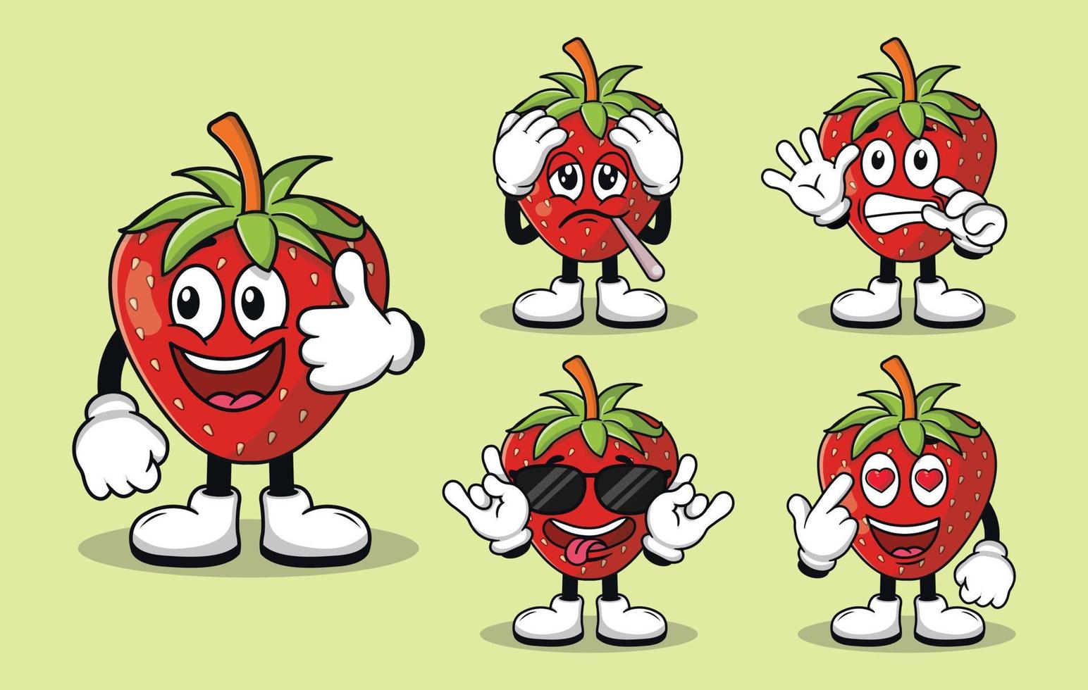 Cute strawberry fruit mascot with various kinds of expressions set collection vector