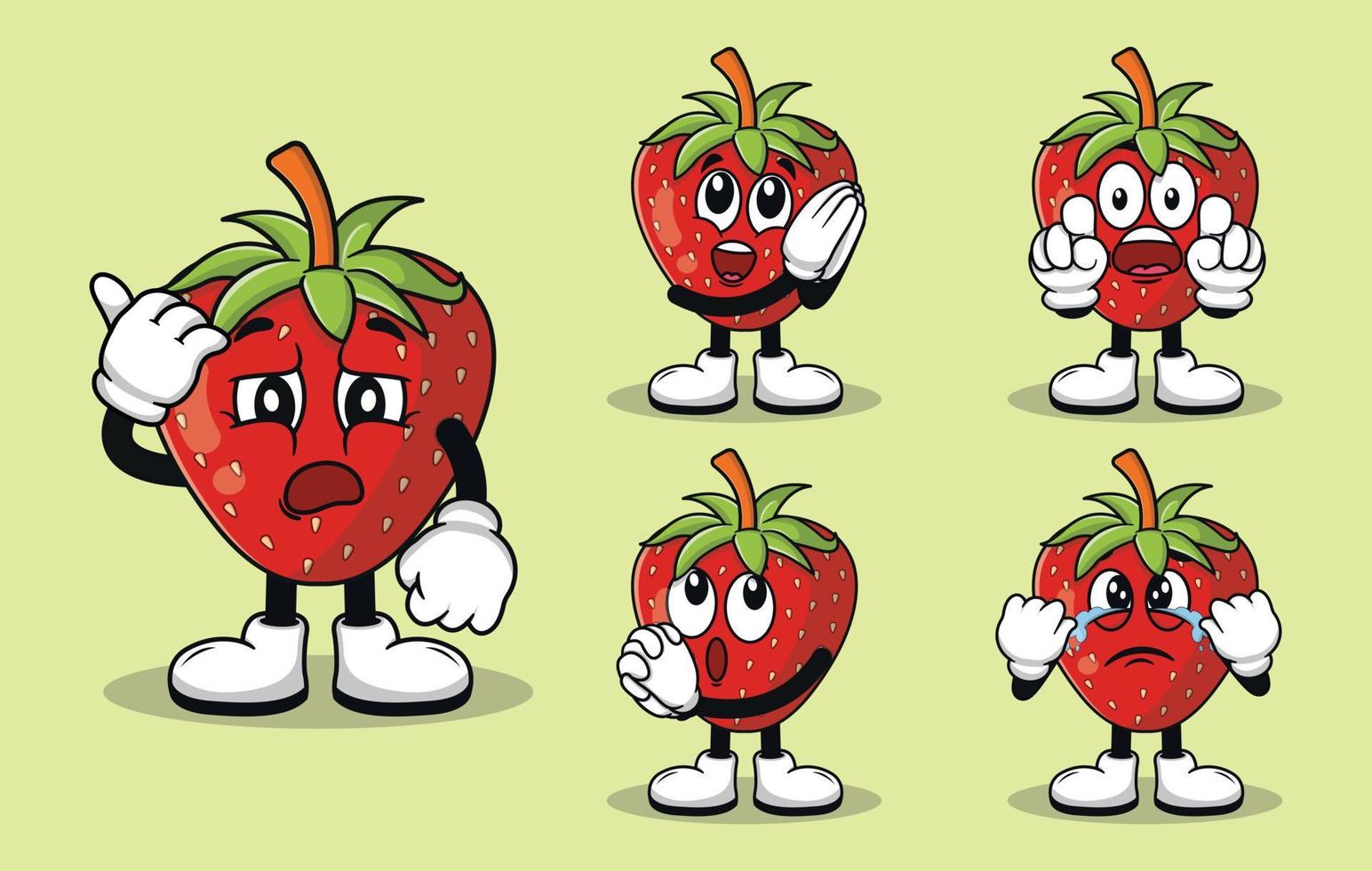 linda mascota de fruta de fresa con varios tipos de colección de conjuntos de expresiones vector