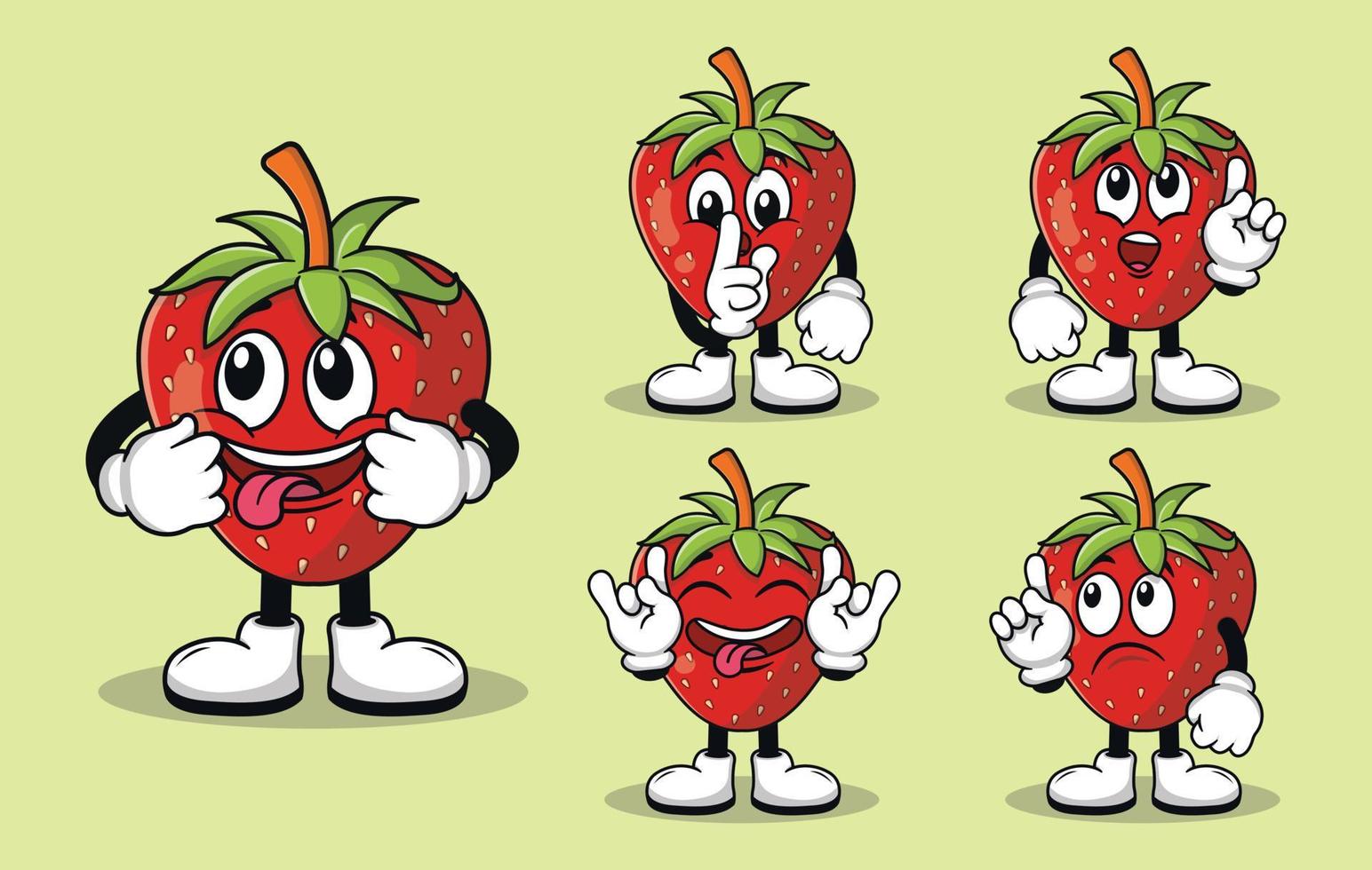 linda mascota de fruta de fresa con varios tipos de colección de conjuntos de expresiones vector