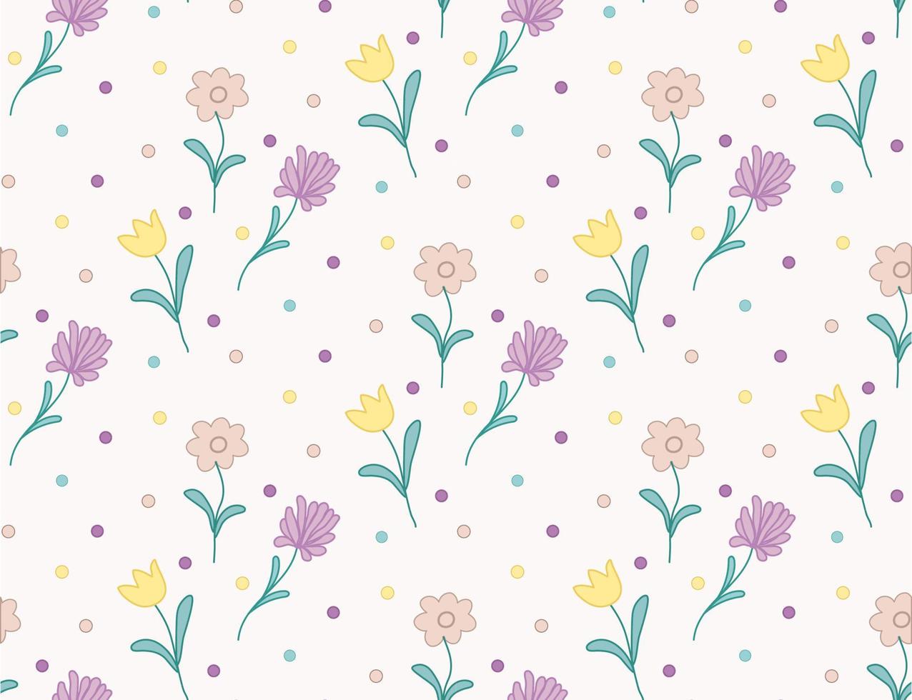Flowers seamless pattern. Aster, tulip, chamomile, dots. Vector illustration. Yellow, pink, lilac.