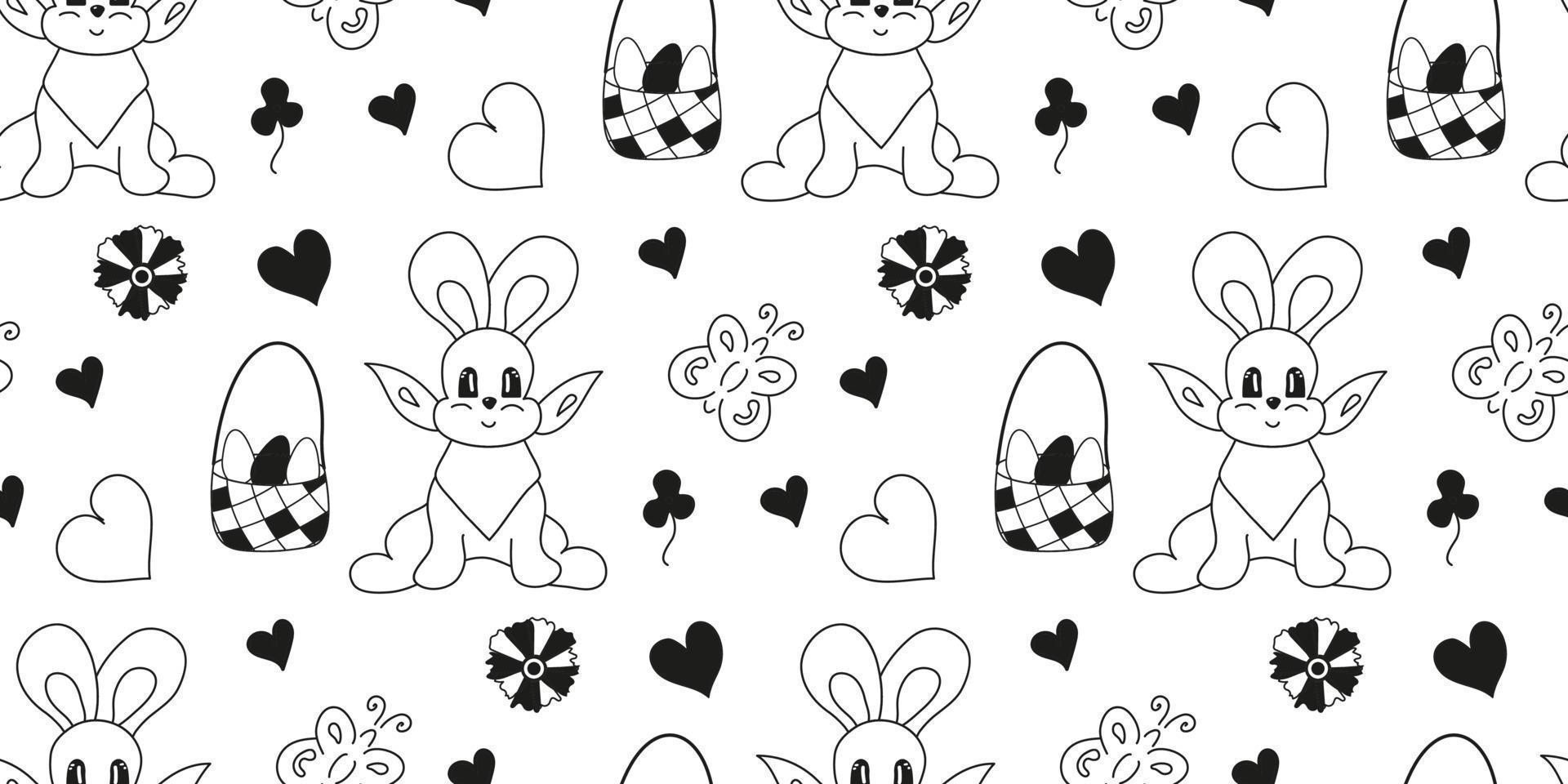 Seamless pattern rabbit, bunny, butterfly, eggs Easter and hearts. Doodle Black and white vector. vector