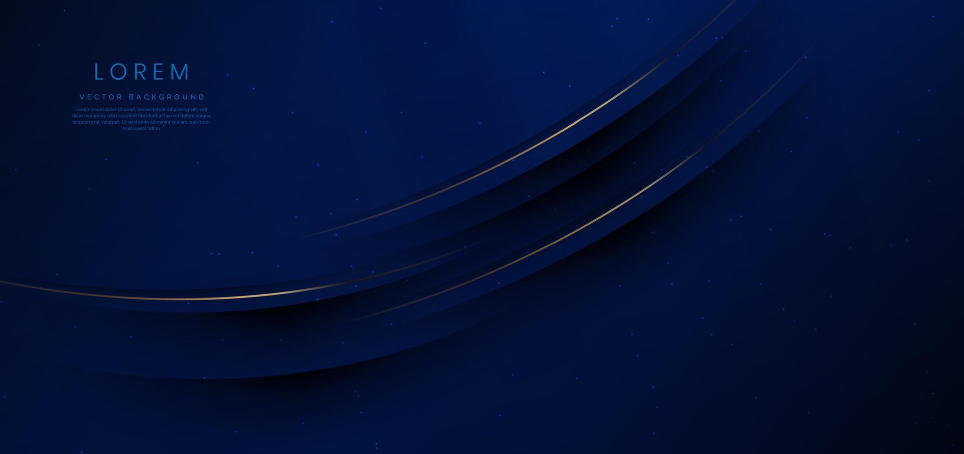 Abstract luxury golden lines curved overlapping on dark blue background with lighting effect and sparkle. Template premium award design. vector