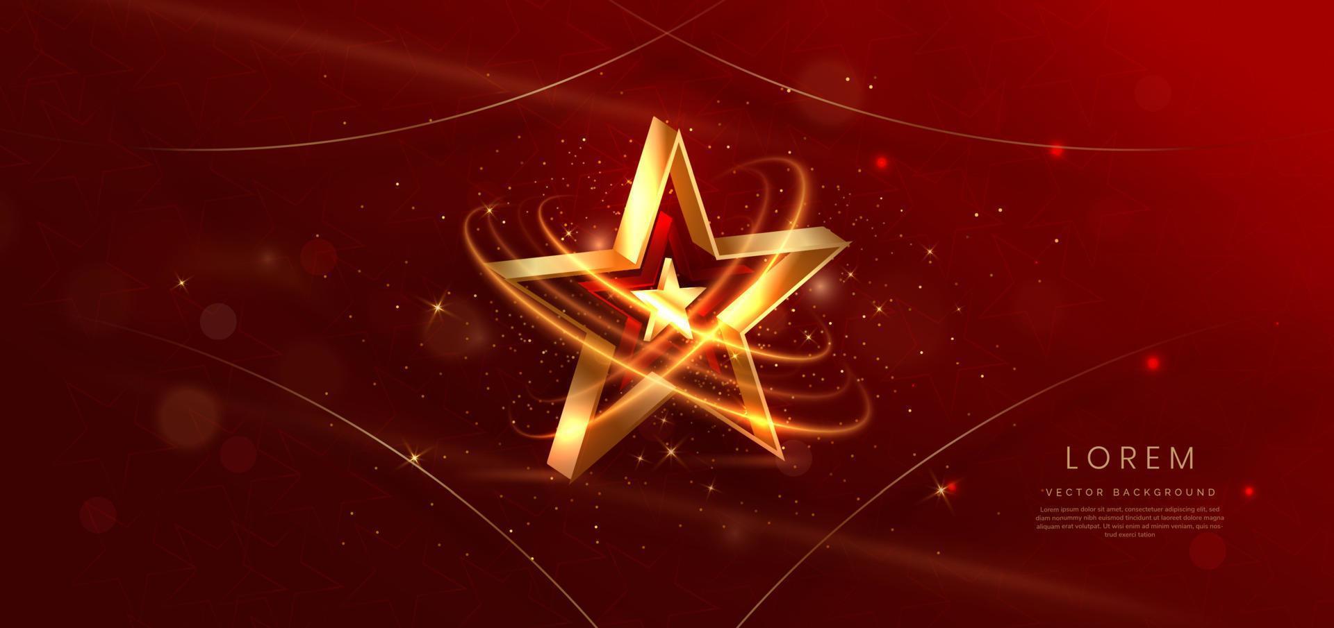 Estrella dorada 3d con fondo dorado sobre rojo con efecto de iluminación y brillo. diseño de premio premium de lujo de plantilla. vector