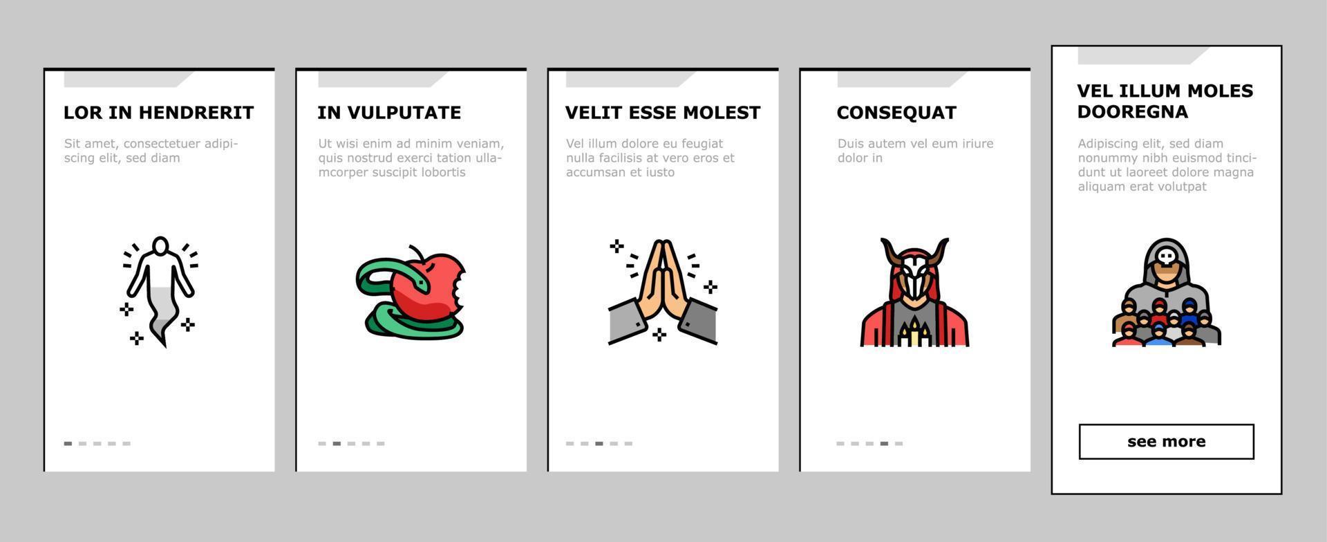 Religion, Prayer Cult And Atheism onboarding icons set vector