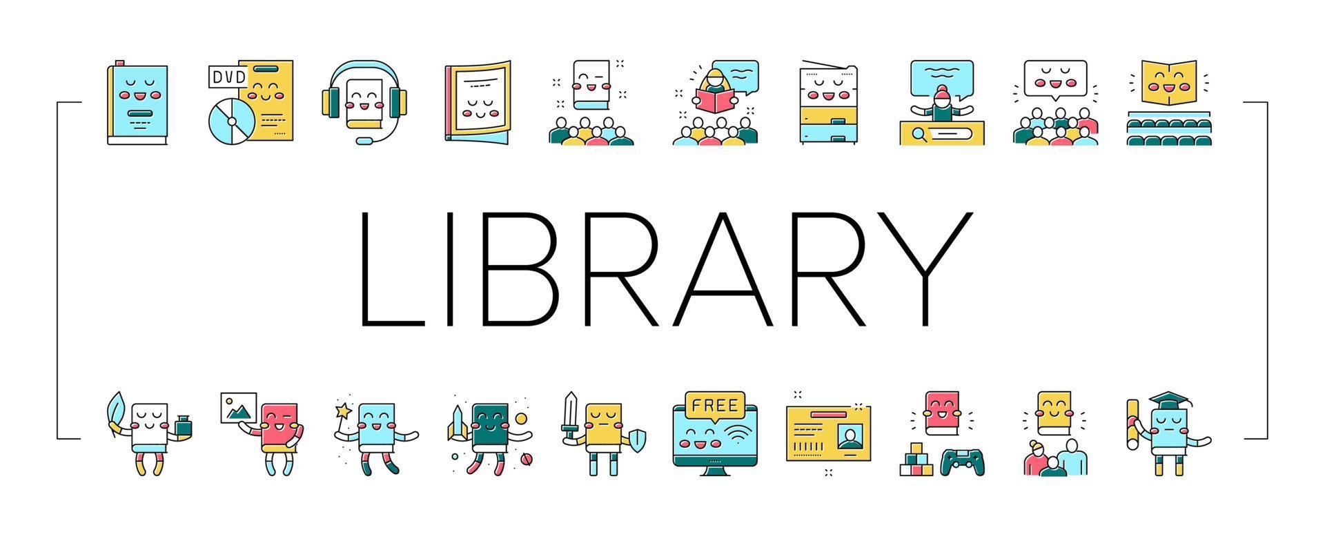 Children Library Read Collection Icons Set Vector