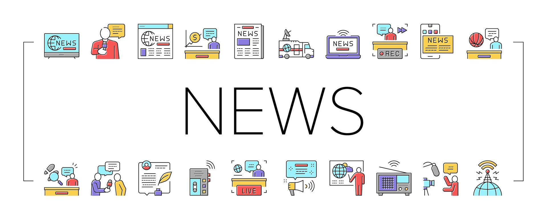 News Broadcasting Collection Icons Set Vector