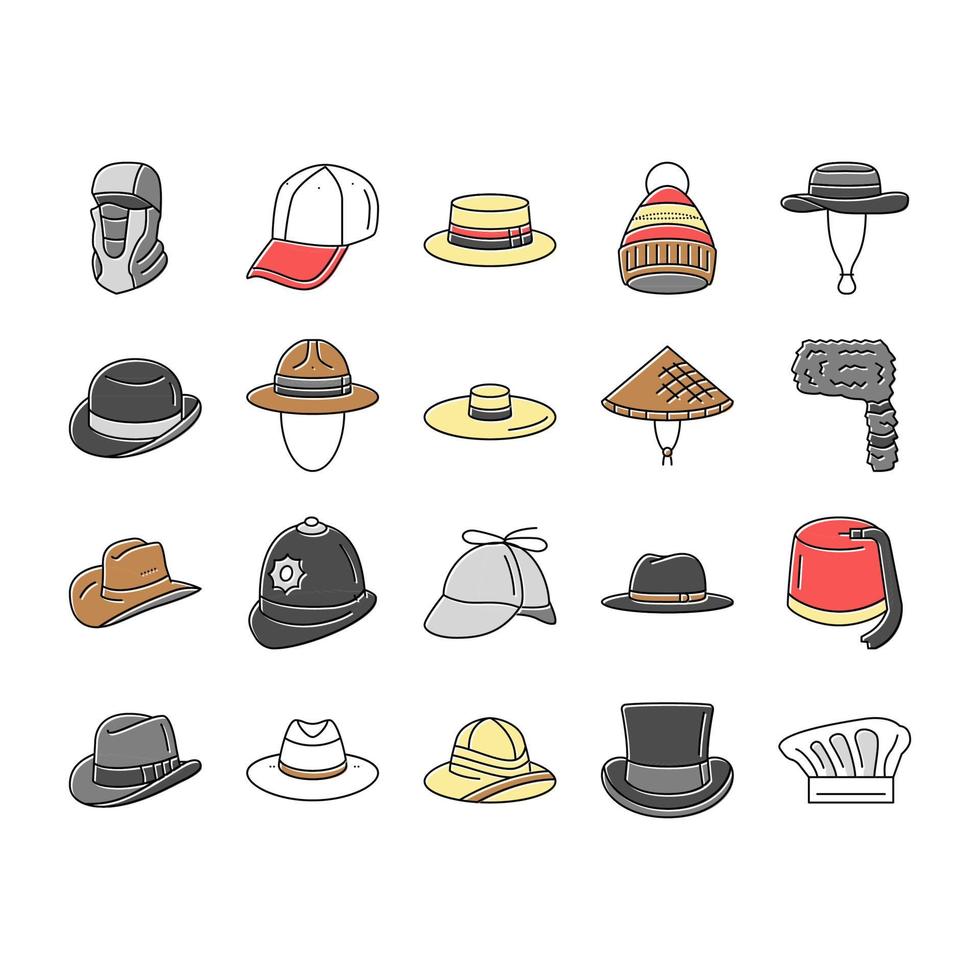 sombrero, gorra, cabeza, hombre, seguridad, moda, iconos, conjunto, vector