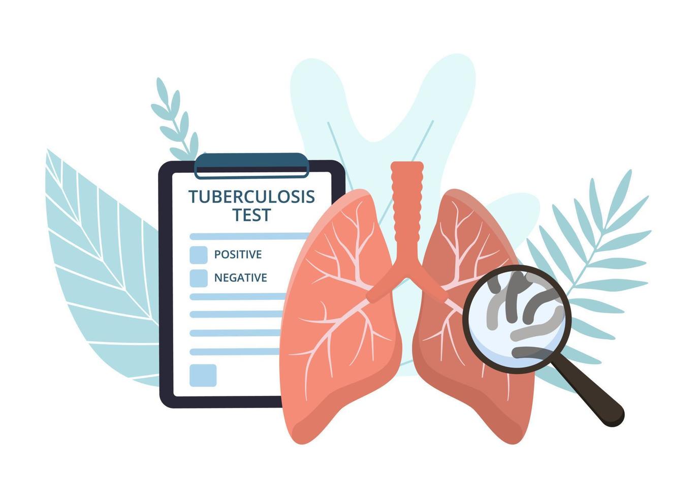 Human lungs tuberculosis test concept. Lungs, magnifying glass isolated on white background. Examine and check your lungs. Medical information banner. Vector illustration in flat style