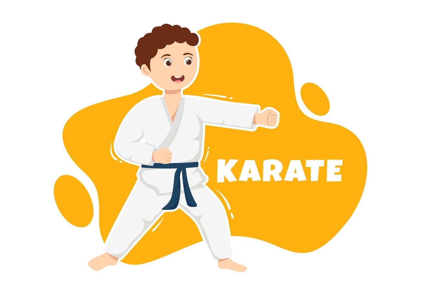 niños haciendo algunos movimientos básicos de artes marciales de karate, pose de lucha y usando kimono en dibujos animados dibujados a mano para la ilustración de plantillas de página de inicio vector