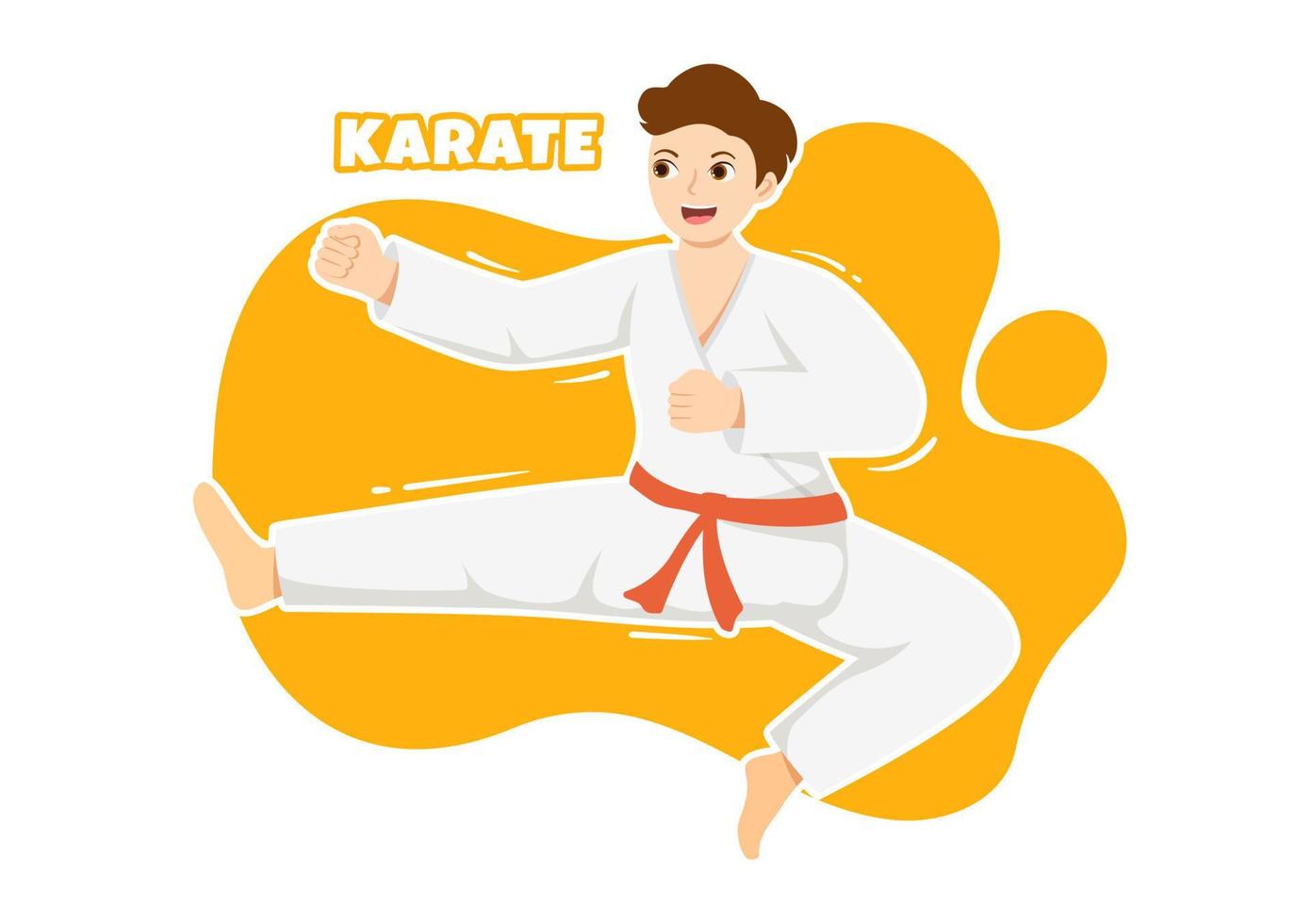 niños haciendo algunos movimientos básicos de artes marciales de karate, pose de lucha y usando kimono en dibujos animados dibujados a mano para la ilustración de plantillas de página de inicio vector