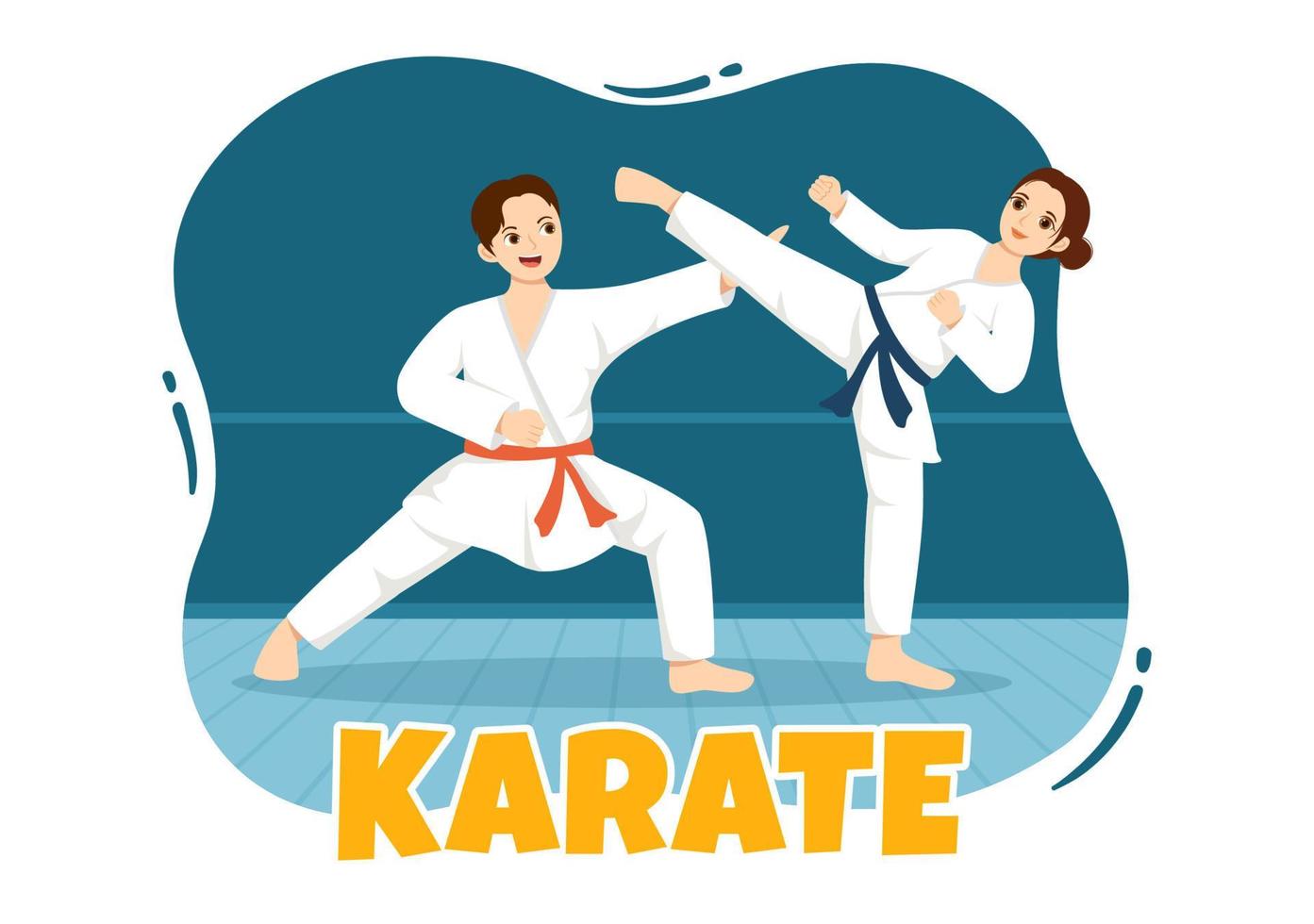 niños haciendo algunos movimientos básicos de artes marciales de karate, pose de lucha y usando kimono en dibujos animados dibujados a mano para la ilustración de plantillas de página de inicio vector