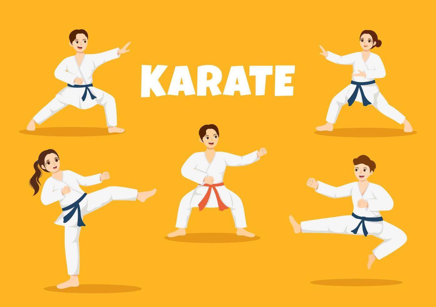 niños haciendo algunos movimientos básicos de artes marciales de karate, pose de lucha y usando kimono en dibujos animados dibujados a mano para la ilustración de plantillas de página de inicio vector