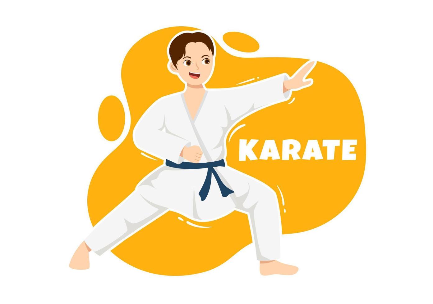 niños haciendo algunos movimientos básicos de artes marciales de karate, pose de lucha y usando kimono en dibujos animados dibujados a mano para la ilustración de plantillas de página de inicio vector