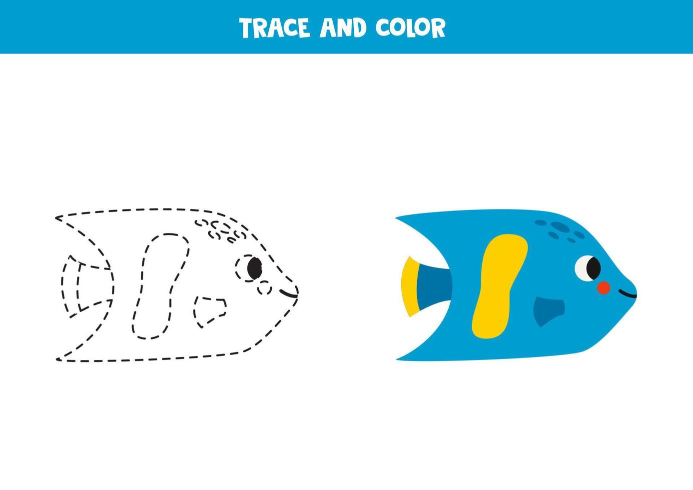 Trace and color cartoon blue angelfish. Worksheet for children. vector