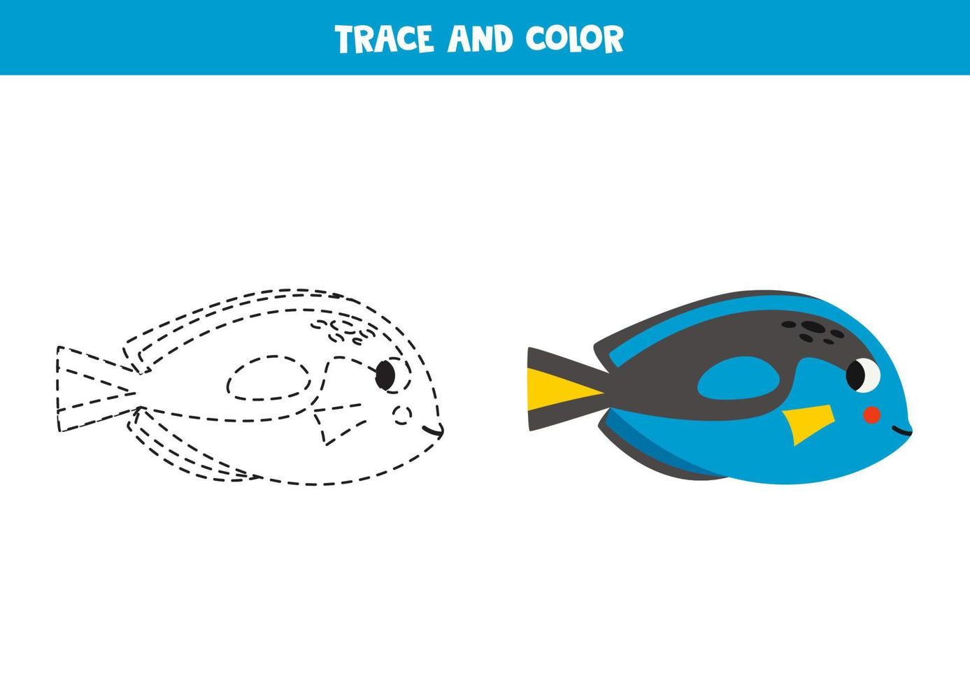 Trace and color cartoon blue tang fish. Worksheet for children. vector