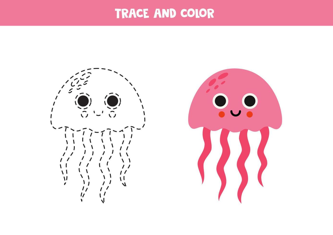 Trace and color cartoon pink jelly fish. Worksheet for children. vector