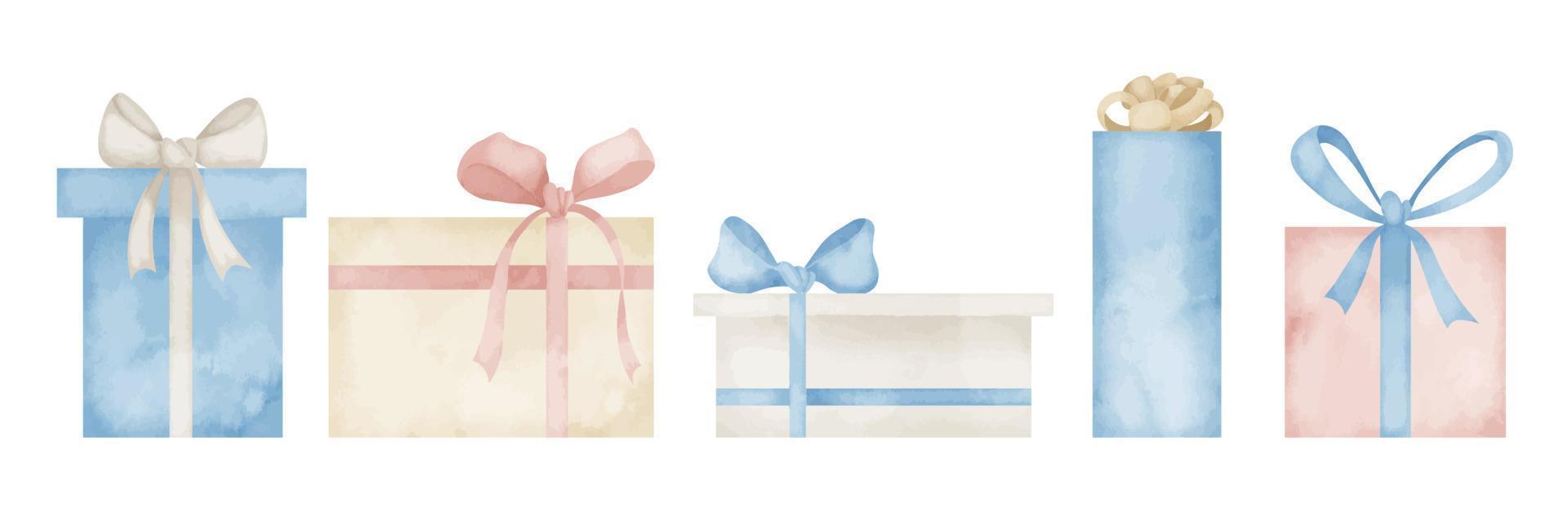 Set of Gift Boxes in pastel watercolor colors. Hand drawn illustration of Presents with ribbons and bows on isolated background. Drawing for happy birthday or Christmas invitation or greeting cards vector