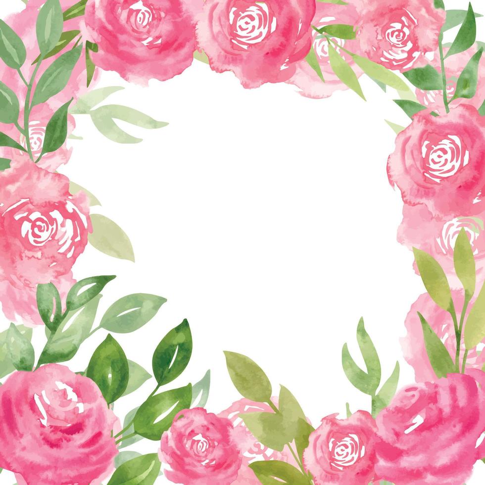 marco floral acuarela con flores rosas y hojas verdes. borde cuadrado  dibujado a mano. plantilla para