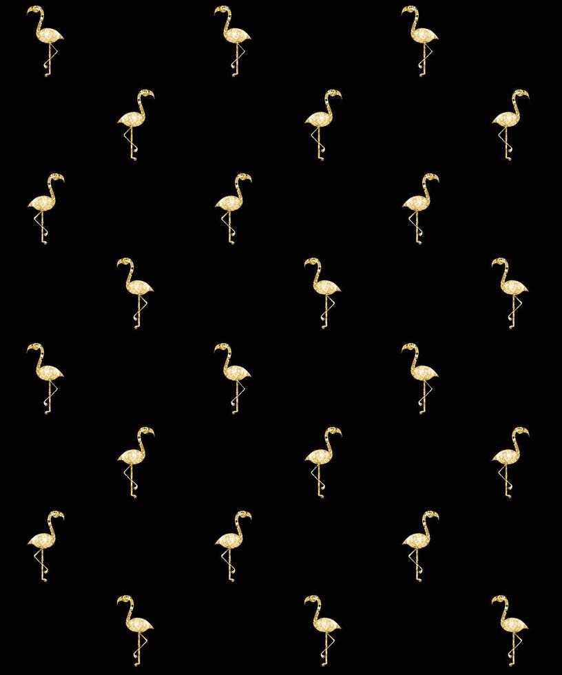 Vector seamless pattern of golden glitter flamingo silhouette isolated on black background