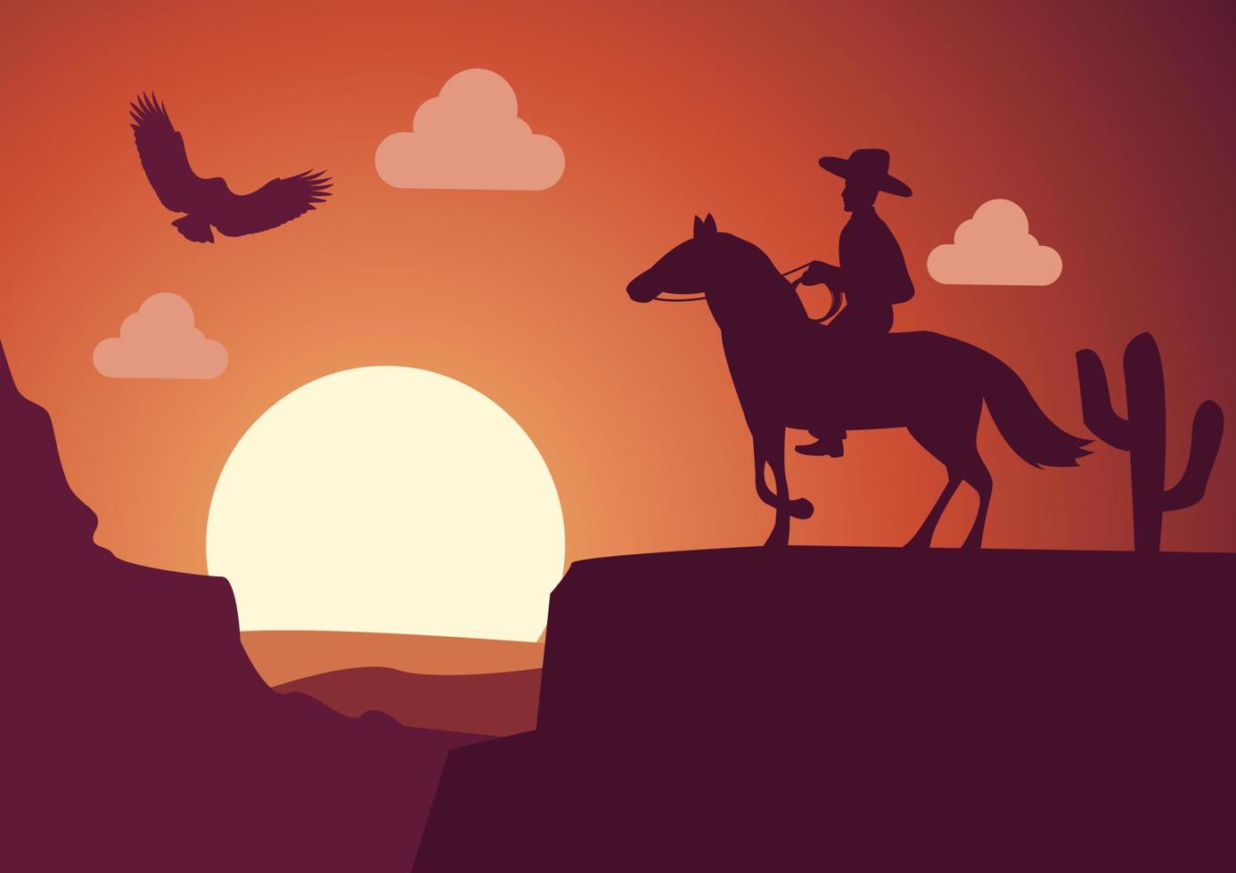 ars de vaquero y caballo en el desierto de estados unidos al atardecer, ilustración vectorial vector