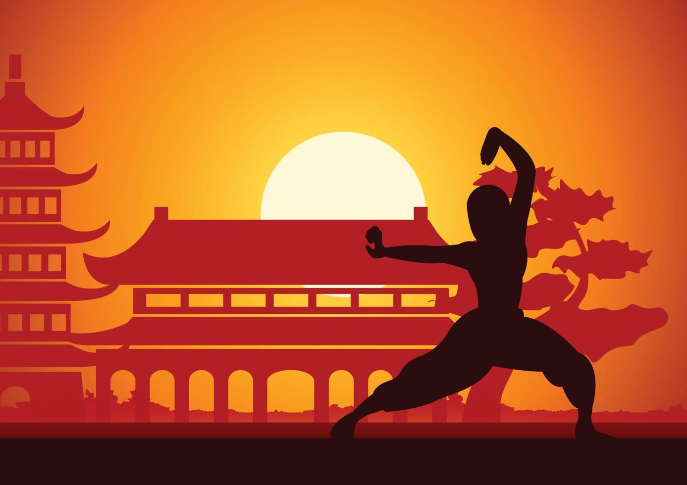 Chinese Boxing Kung Fu martial art famous sport,two boxer fight together around with Chinese temple,sunset silhouette design vector