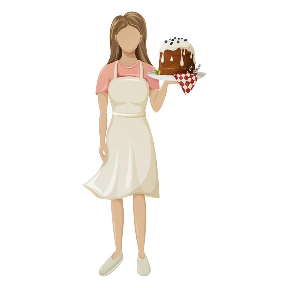 A girl in an apron holds an Easter cake decorated with white icing and blueberries. Willow branches. Cooking for the holiday. Vector illustration of a faceless character. Isolated background.