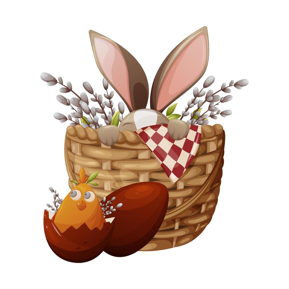 An Easter bunny hides in a wicker basket with willow branches, a cute chicken in a red egg sits next to it. Vector illustration for the holiday, isolated background