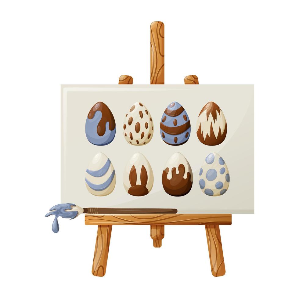 Easel with painted colorful Easter eggs, holiday vector illustration, isolated background, cartoon style