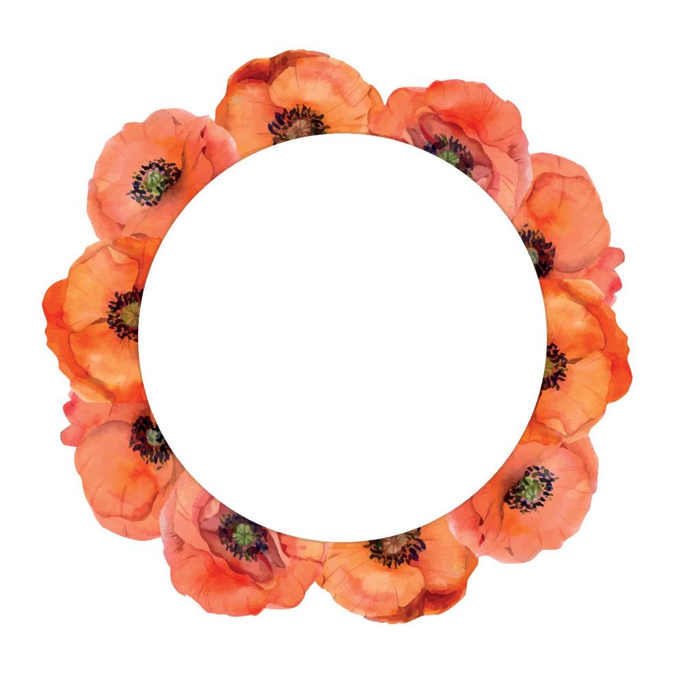 Watercolor circle frame arrangement with hand drawn summer bright red poppy flowers. Isolated on white background. Design for invitations, wedding, love or greeting cards, paper, print, textile vector