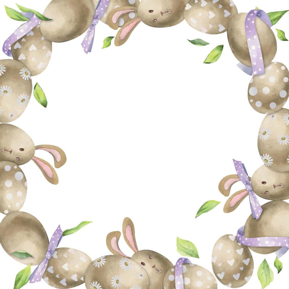 Watercolor hand drawn Easter celebration clipart. Circle wreath with eggs, bunnies, bows and spring leaves. Isolated on white background. Design for invitations, gifts, greeting cards, print, textile vector