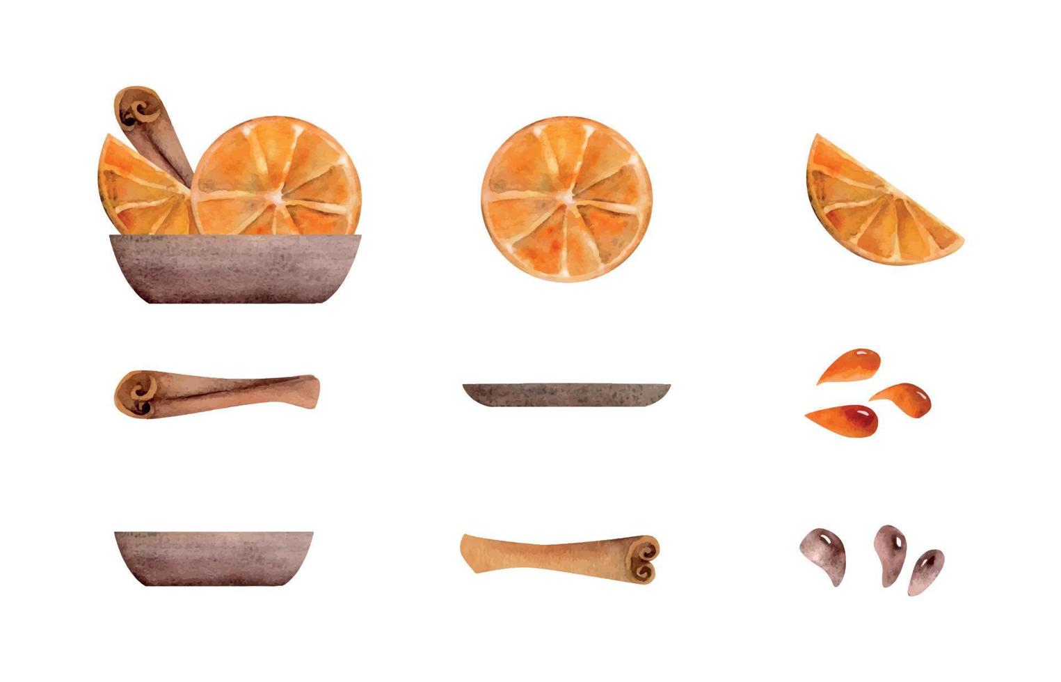 Watercolor hand drawn set of objects. Coffee drops, orange slices, juice drops, cinnamon sticks spice. Isolated on white background. For invitations, cafe, restaurant food menu, print, website, cards vector