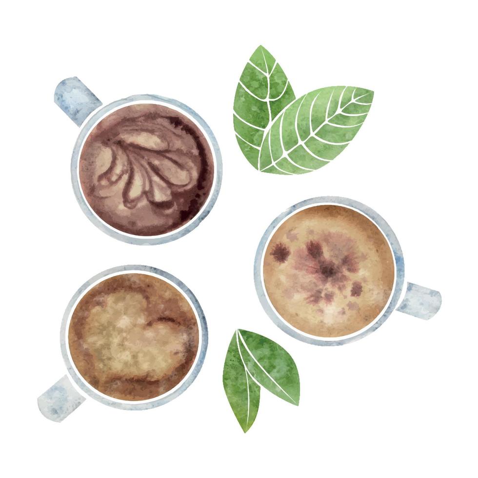 Watercolor hand drawn composition with porcelain capuccino coffee cups, leaves, foam art, top view. Isolated on white background. For invitations, cafe, restaurant food menu, print, website, cards vector
