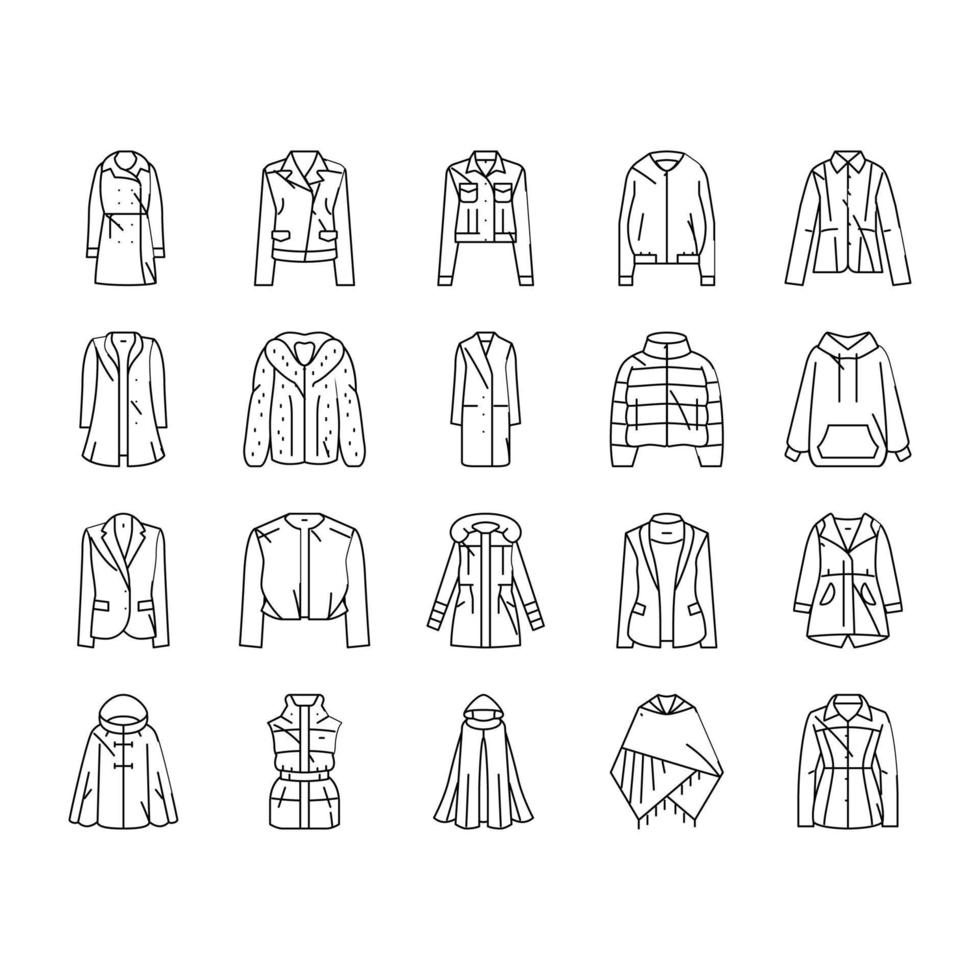 outerwear female clothes girl icons set vector