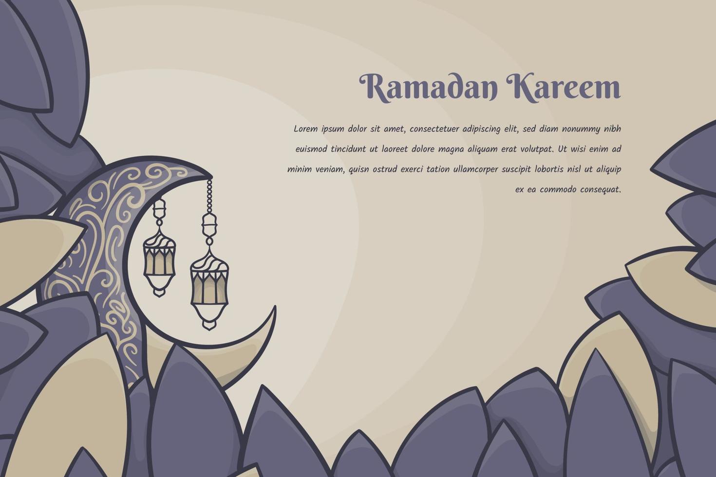 Ornamental crescent moon behind the big grass in cartoon design for ramadan kareem template design vector