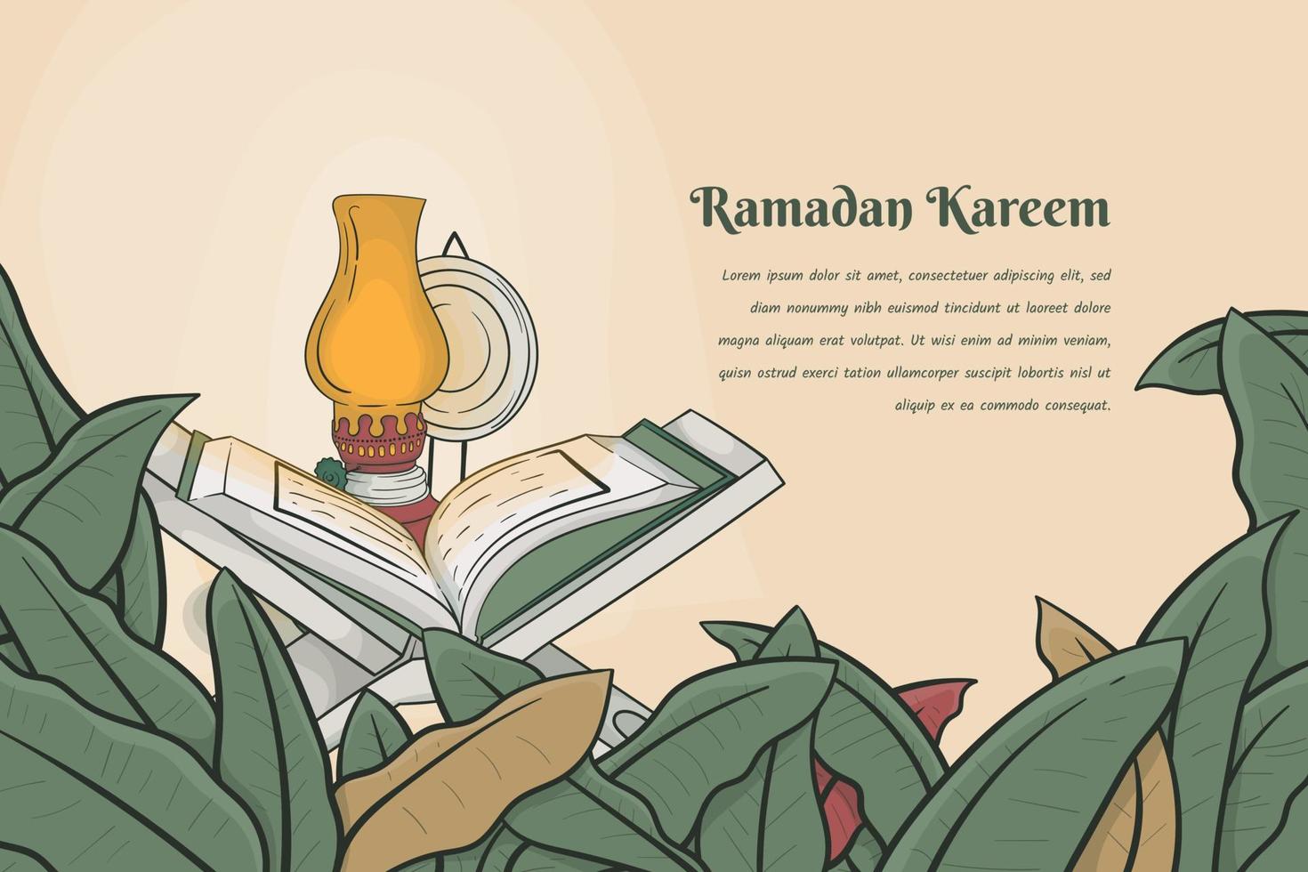 fondo de hoja de plátano en dibujos animados dibujados a mano con corán y diseño de linterna para plantilla de ramadán vector