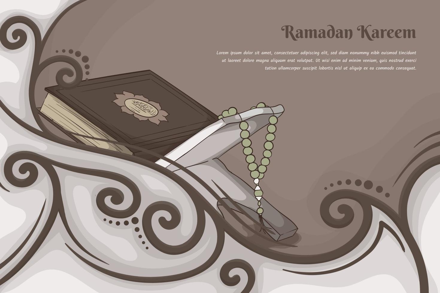 al-qur'an con cuentas de oración y fondo ornamental en diseño de dibujos animados para la plantilla de ramadan kareem vector