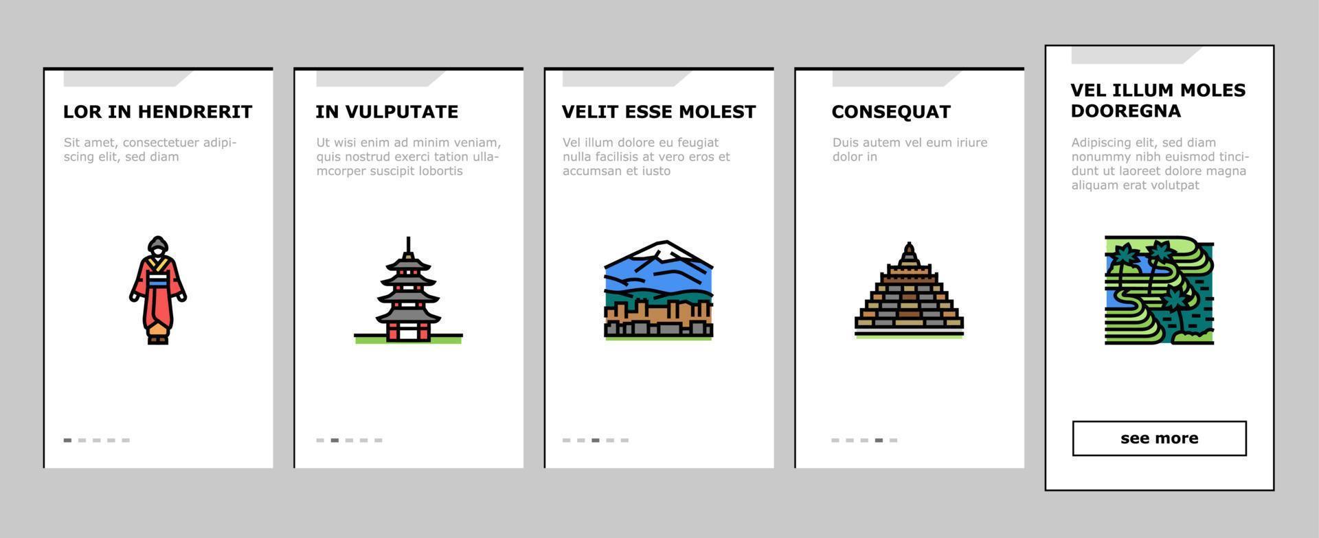 Asia Building And Land Scape onboarding icons set vector