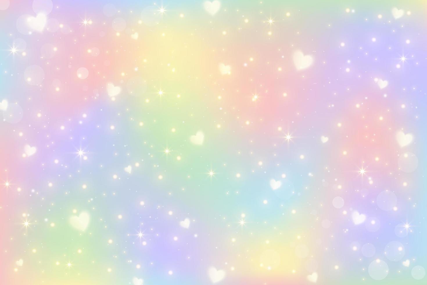 Rainbow unicorn background. Girlie princess sky with stars, hearts and sparkles. Gradient holographic fantasy backdrop. Vector abstract iridescent texture.