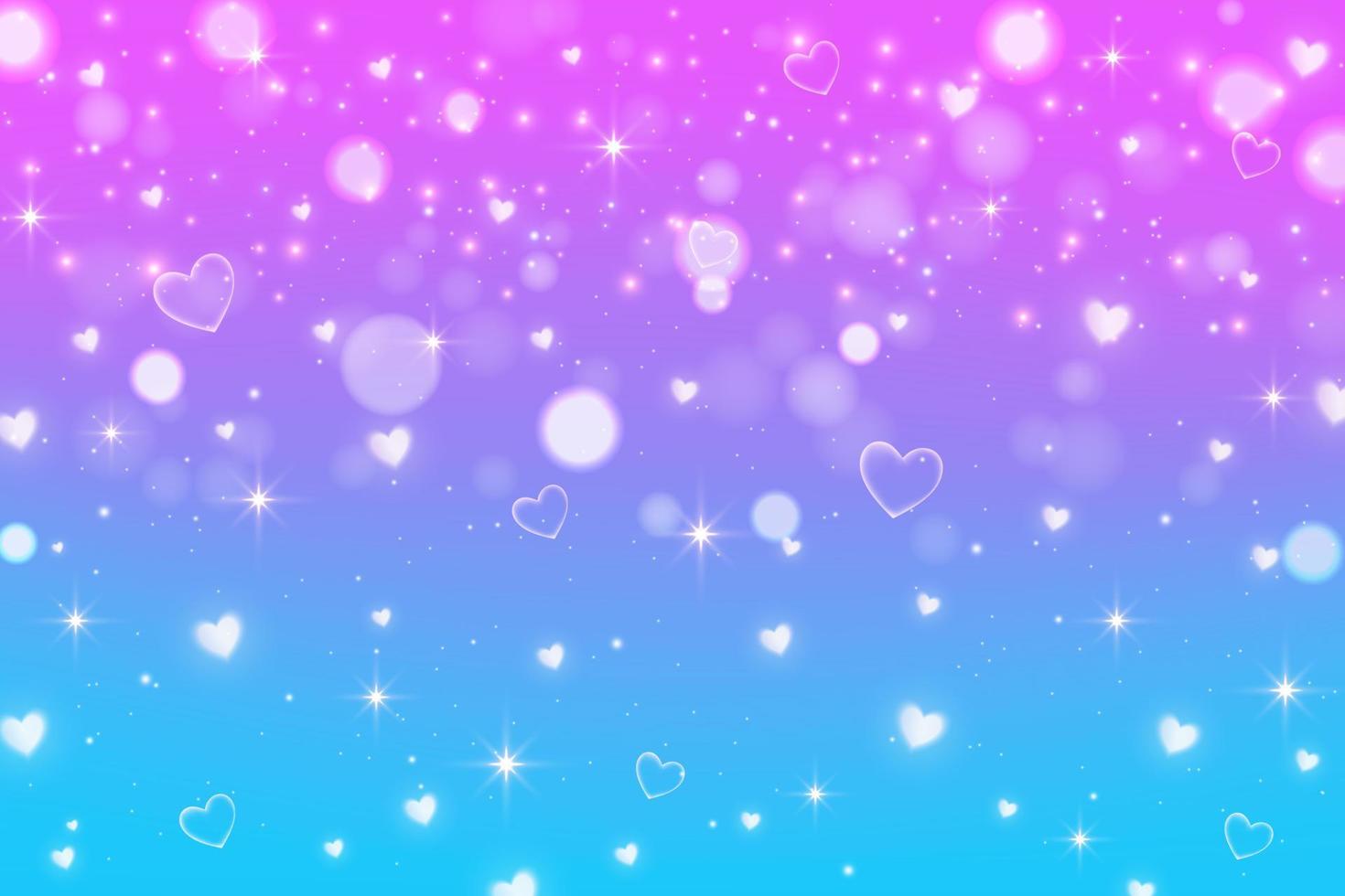 ilustración de fantasía con cielo de arco iris con estrellas y corazones. telón de fondo cósmico de unicornio abstracto. ilustración de vector de niña de dibujos animados.