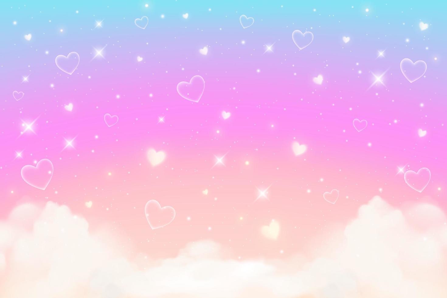 Rainbow unicorn background with clouds hearts and stars. Pastel color sky.  Magical pink landscape, abstract fabulous panorama. Cute candy wallpaper.  Vector. 18995889 Vector Art at Vecteezy