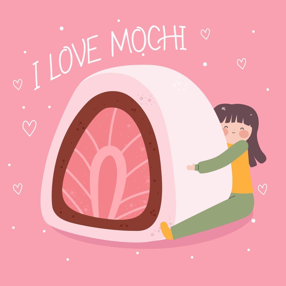 Lovely mochi on a bamboo plank. Cup of tea and teapot. Traditional Japanese cuisine. Asian food. Stock vector illustration.