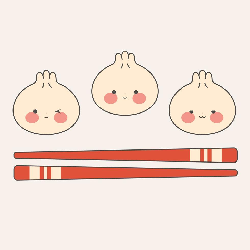 Cute dumplings with different emoticons on a bamboo board. Kawaii dim sum. Asian Traditional Cuisine. Vector illustration in cartoon flat style.