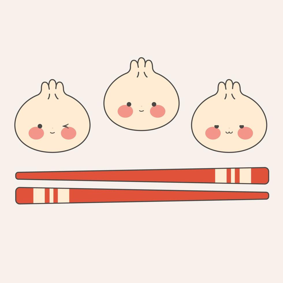 lindas albóndigas con diferentes emoticonos en una tabla de bambú. dim sum kawaii. cocina tradicional asiática. ilustración vectorial en estilo plano de dibujos animados. vector