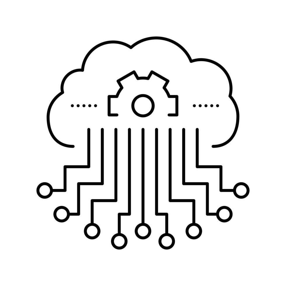 cloud storage and working process neural network line icon vector illustration