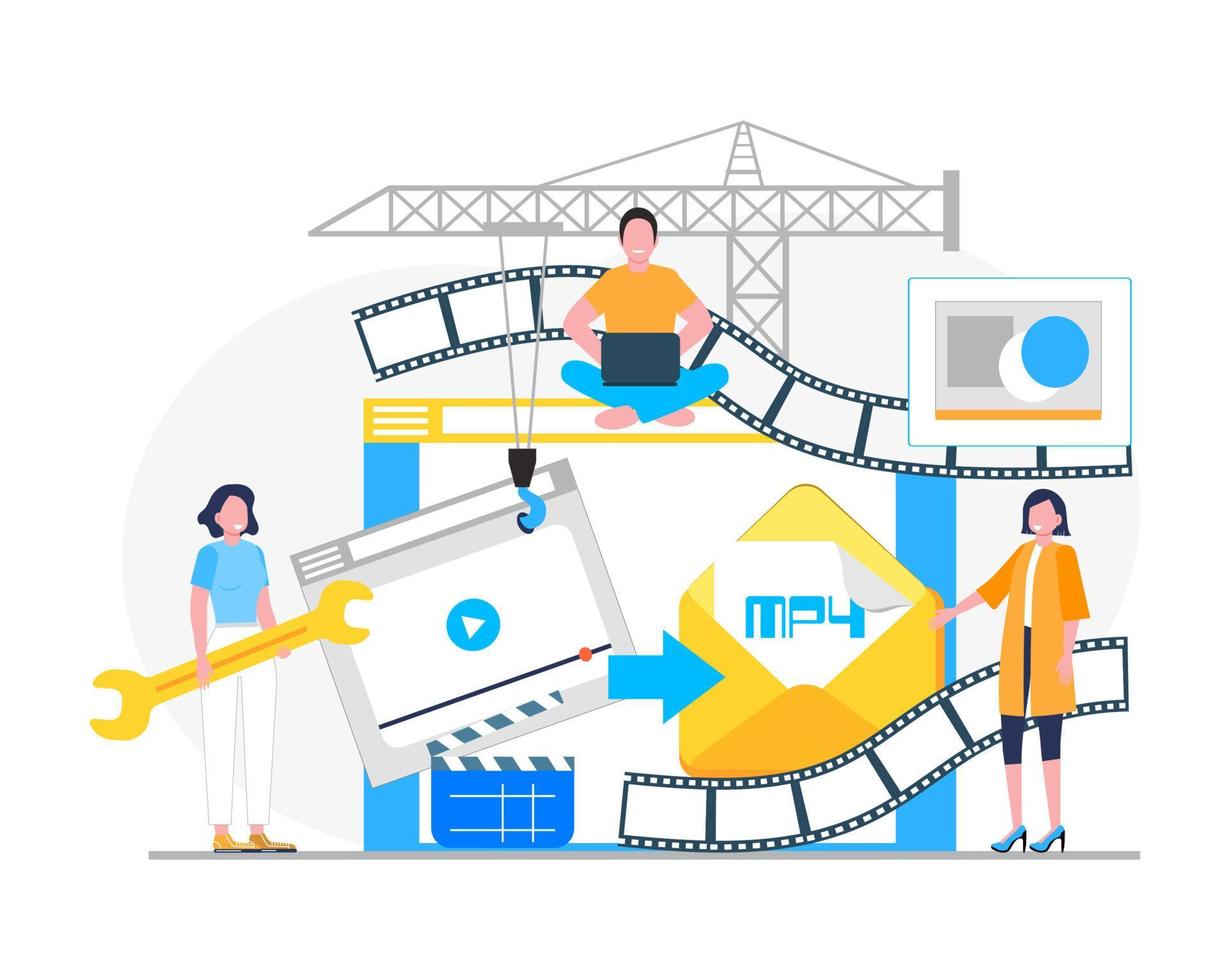 MP4 converter concept with tiny people. Screen with changing or converting process of document to another format. Movie compression. Flat vector illustration for app, website, banner