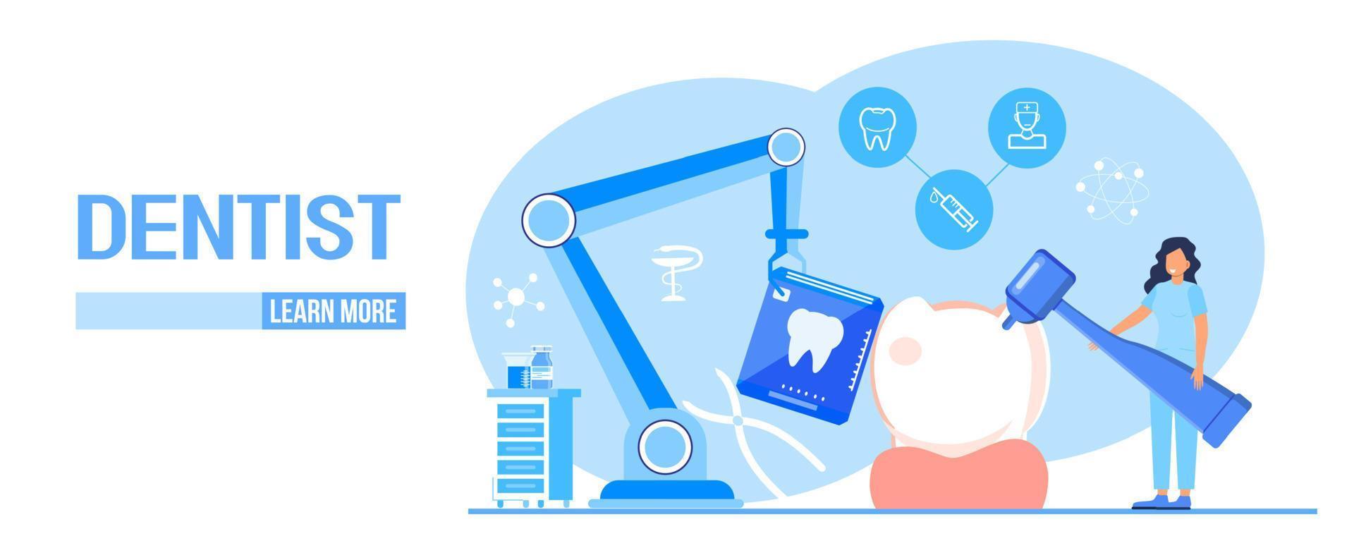 Dental services vector concept for landing page. Dentists make x-ray scan of teeth to help toothache, to whiten enamel or recovery implant.