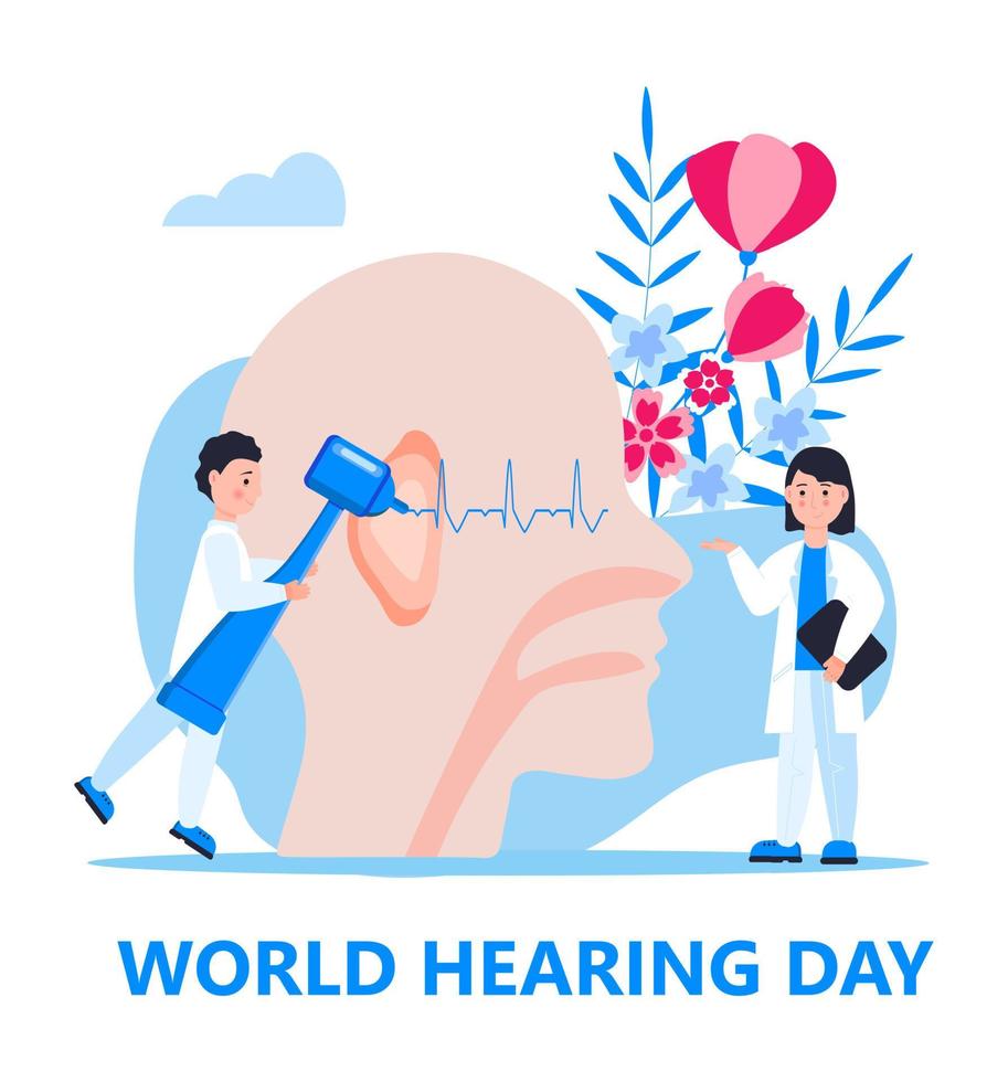 World hearing day concept vector for medical banner, web, app. Tiny doctor treats and examines patient ear. Otolaryngology health care