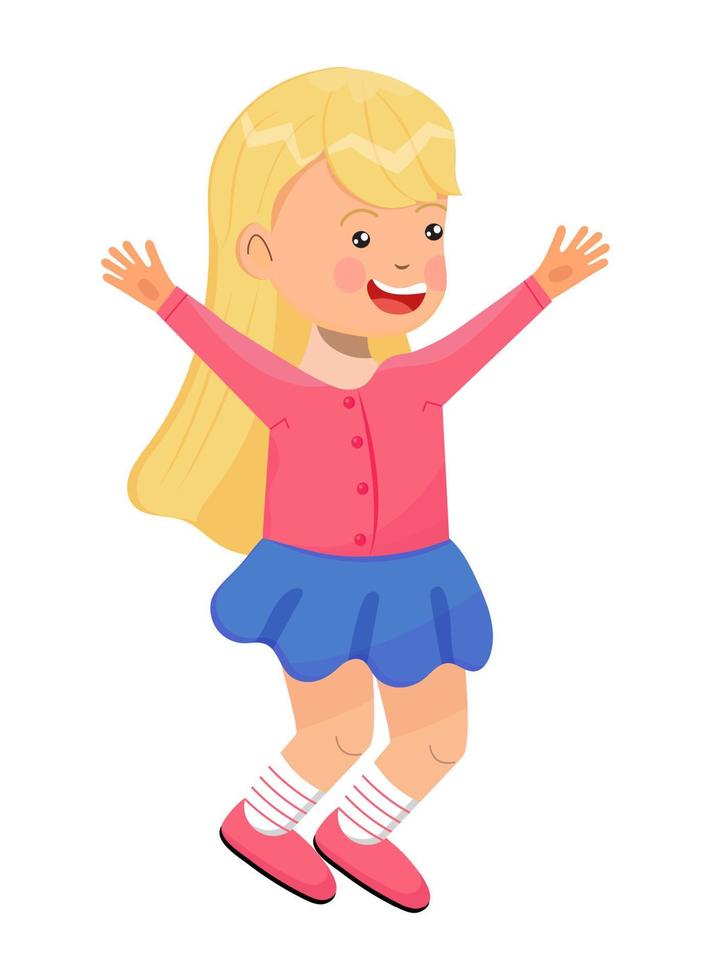 Happy school kid jumping. Cartoon character has fun, runs, jumps, plays. Girl illustration vector isolated