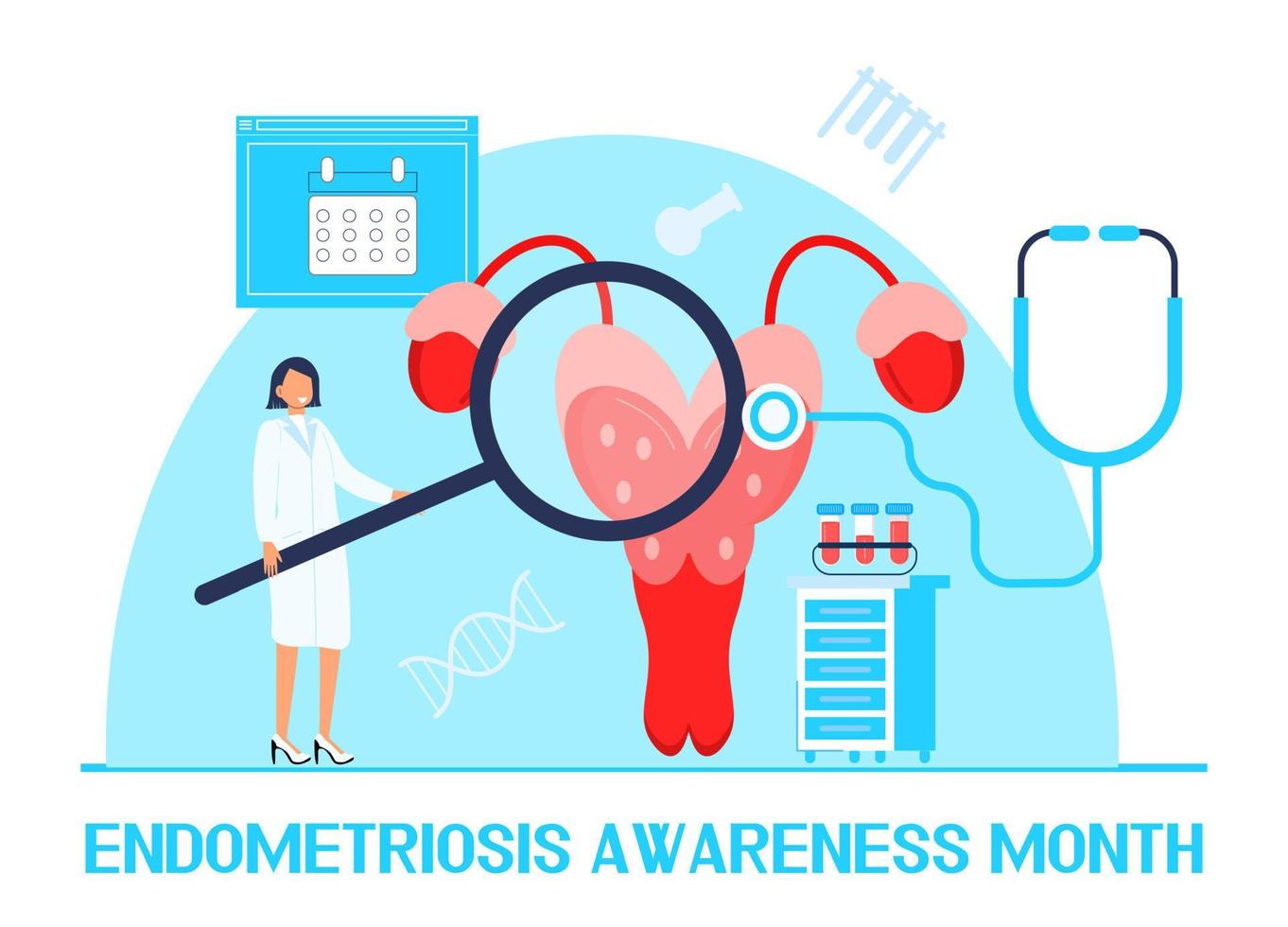 vector de concepto de mes de conciencia de endometriosis. en marzo se celebra el evento de atención de la salud. pequeños médicos examinan el útero, el útero con lupa