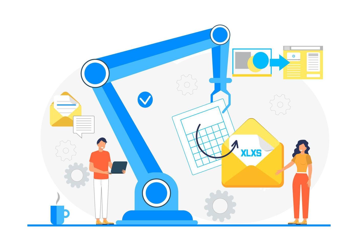 XLXS converter from excel, word document concept. Screen with changing or converting process of document to another format. Flat vector illustration for app, website, banner